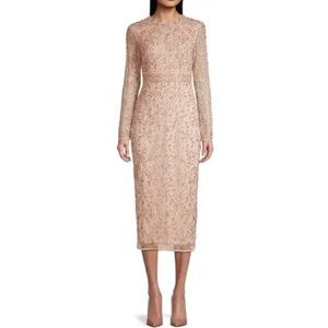 MAC DUGGAL BEADED SHEER LONG SLEEVES SHEATH DRESS WOMENS SIZE 14 NEUTRAL BLUSH